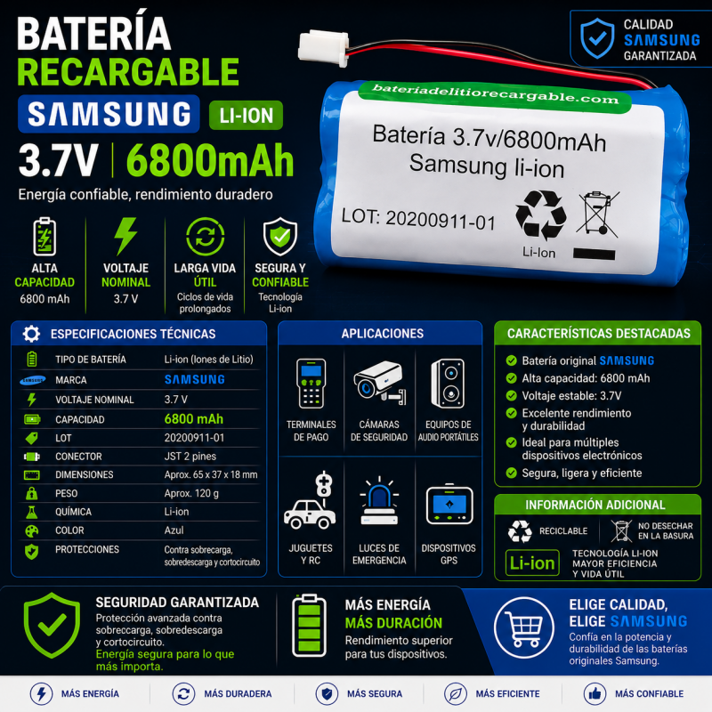 Pack Batería de Litio 3,7V 6800mAh Recargable | Alta Capacidad Samsung