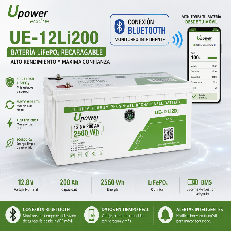 Batería LiFePO4 12V 200Ah U-Power Bluetooth
