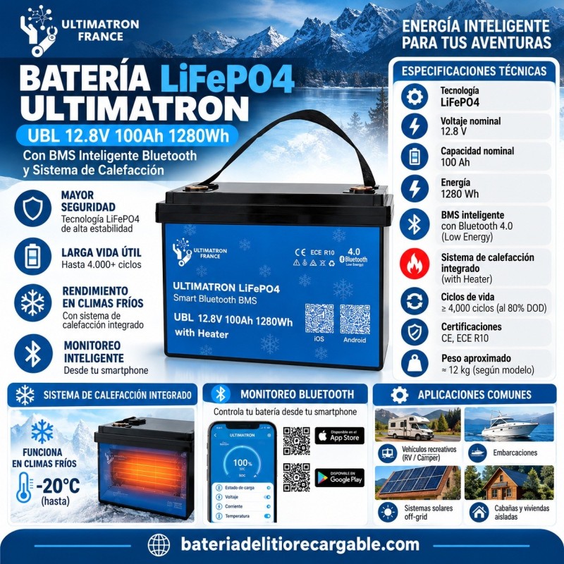 Batería LiFePO4 Ultimatron 12,8V 100Ah 1280Wh | Bluetooth