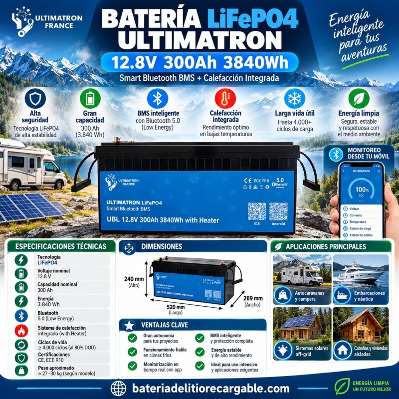 Batería LiFePO4 Ultimatron 12,8V 300Ah 3840Wh | Bluetooth